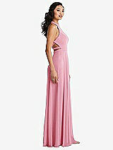 Side View Thumbnail - Peony Pink Stand Collar Halter Maxi Dress with Criss Cross Open-Back