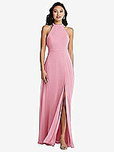 Rear View Thumbnail - Peony Pink Stand Collar Halter Maxi Dress with Criss Cross Open-Back