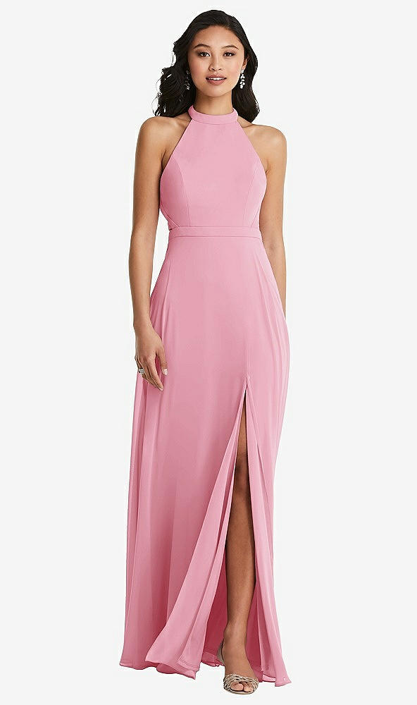 Back View - Peony Pink Stand Collar Halter Maxi Dress with Criss Cross Open-Back