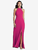 Rear View Thumbnail - Think Pink Stand Collar Halter Maxi Dress with Criss Cross Open-Back