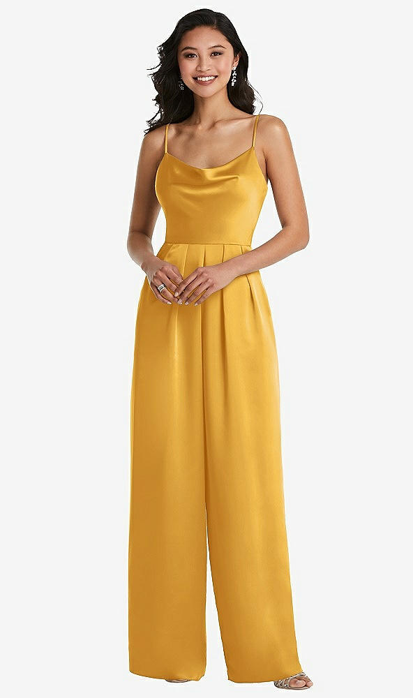 Front View - NYC Yellow Cowl-Neck Spaghetti Strap Maxi Jumpsuit with Pockets
