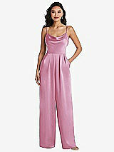 Alt View 1 Thumbnail - Powder Pink Cowl-Neck Spaghetti Strap Maxi Jumpsuit with Pockets