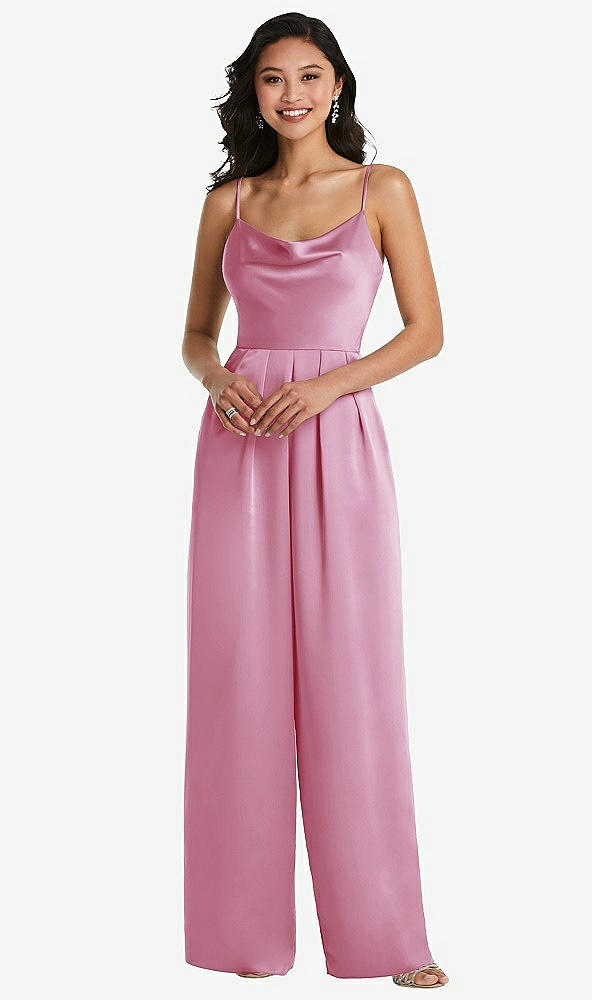 Front View - Powder Pink Cowl-Neck Spaghetti Strap Maxi Jumpsuit with Pockets