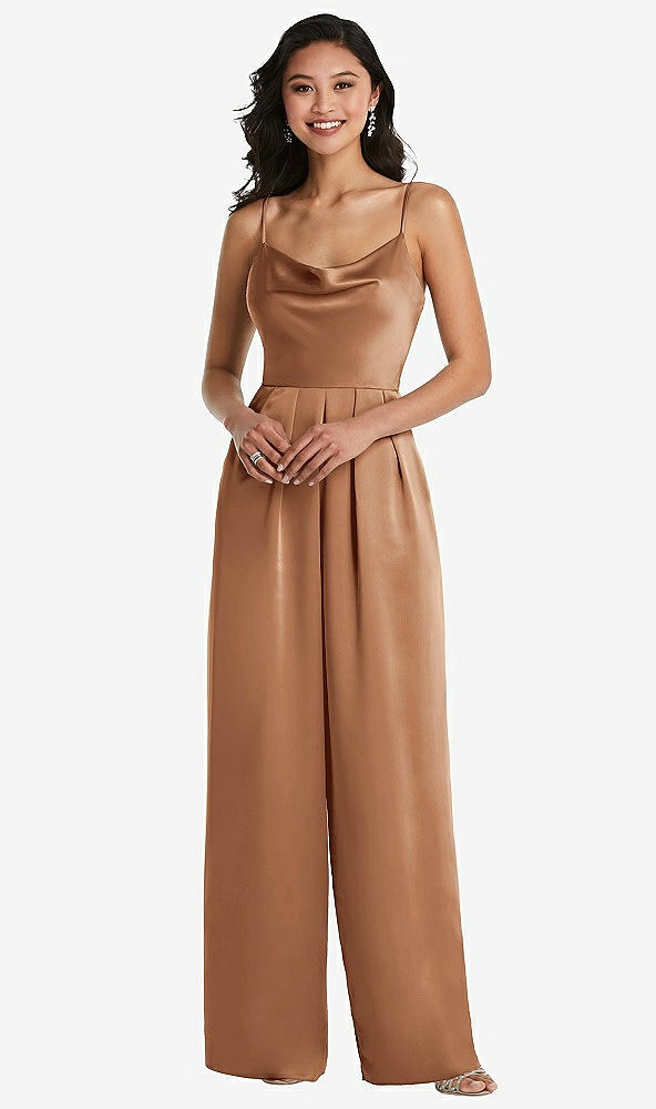 Front View - Toffee Cowl-Neck Spaghetti Strap Maxi Jumpsuit with Pockets