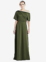 Front View Thumbnail - Olive Green One-Shoulder Sleeved Blouson Trumpet Gown