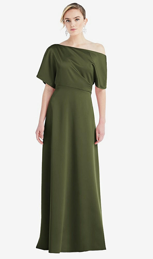 Front View - Olive Green One-Shoulder Sleeved Blouson Trumpet Gown