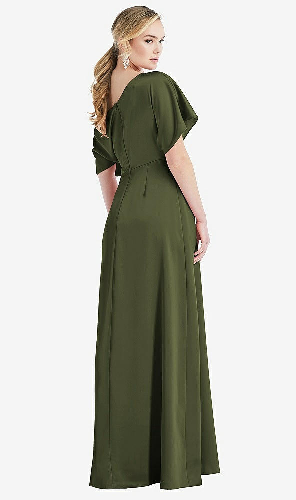Back View - Olive Green One-Shoulder Sleeved Blouson Trumpet Gown