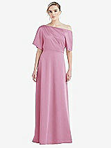 Front View Thumbnail - Powder Pink One-Shoulder Sleeved Blouson Trumpet Gown
