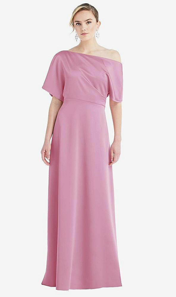 Front View - Powder Pink One-Shoulder Sleeved Blouson Trumpet Gown