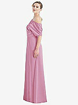 Side View Thumbnail - Powder Pink One-Shoulder Sleeved Blouson Trumpet Gown
