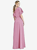 Rear View Thumbnail - Powder Pink One-Shoulder Sleeved Blouson Trumpet Gown