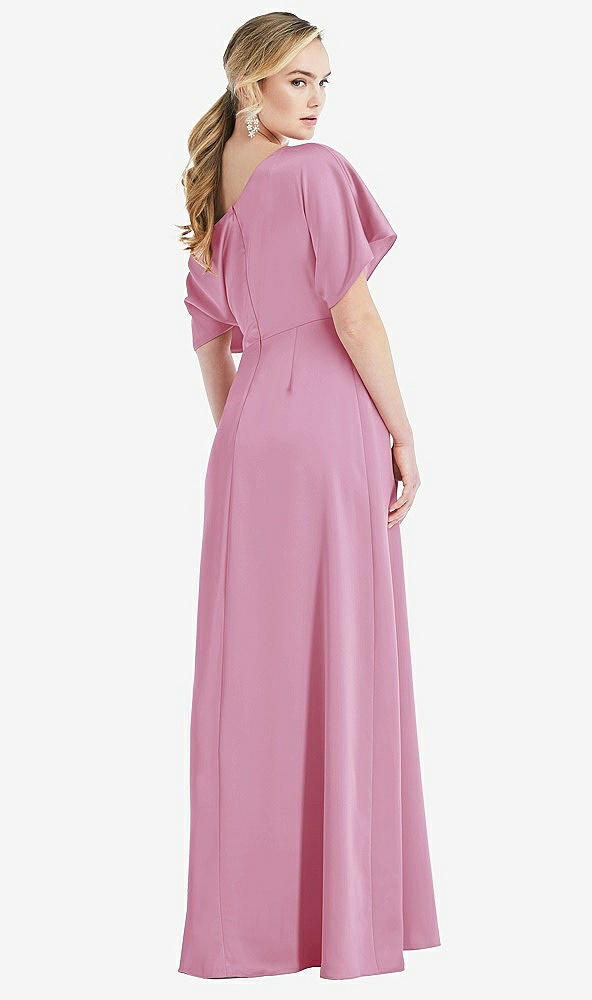 Back View - Powder Pink One-Shoulder Sleeved Blouson Trumpet Gown
