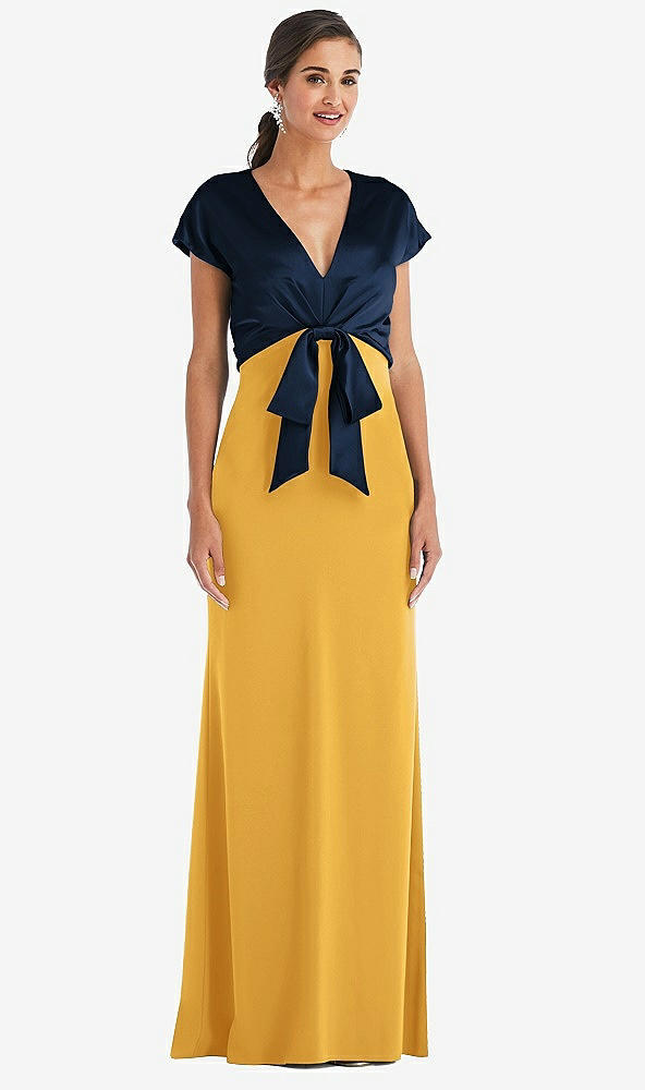 Front View - NYC Yellow & Midnight Navy Soft Bow Blouson Bodice Trumpet Gown