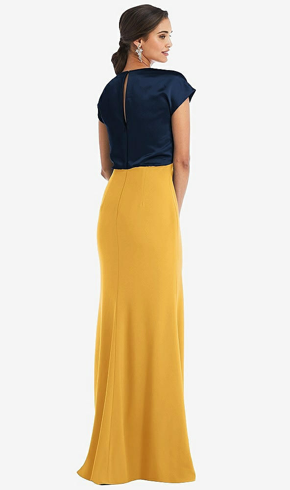 Back View - NYC Yellow & Midnight Navy Soft Bow Blouson Bodice Trumpet Gown
