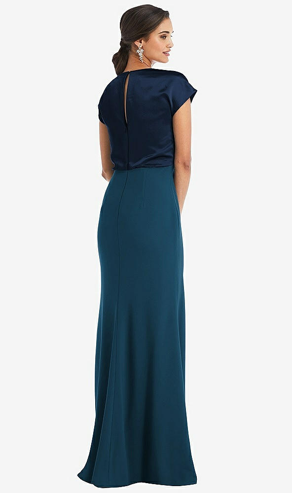 Back View - Atlantic Blue & Midnight Navy Soft Bow Blouson Bodice Trumpet Gown