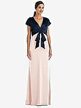 Front View Thumbnail - Blush & Midnight Navy Soft Bow Blouson Bodice Trumpet Gown