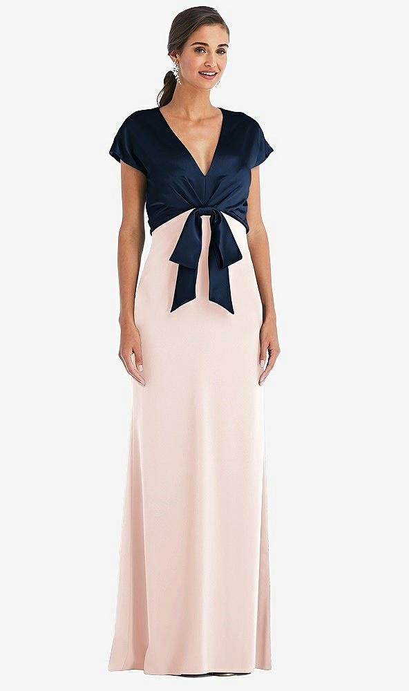 Front View - Blush & Midnight Navy Soft Bow Blouson Bodice Trumpet Gown