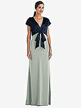 Front View Thumbnail - Willow Green & Midnight Navy Soft Bow Blouson Bodice Trumpet Gown
