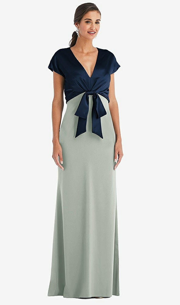 Front View - Willow Green & Midnight Navy Soft Bow Blouson Bodice Trumpet Gown
