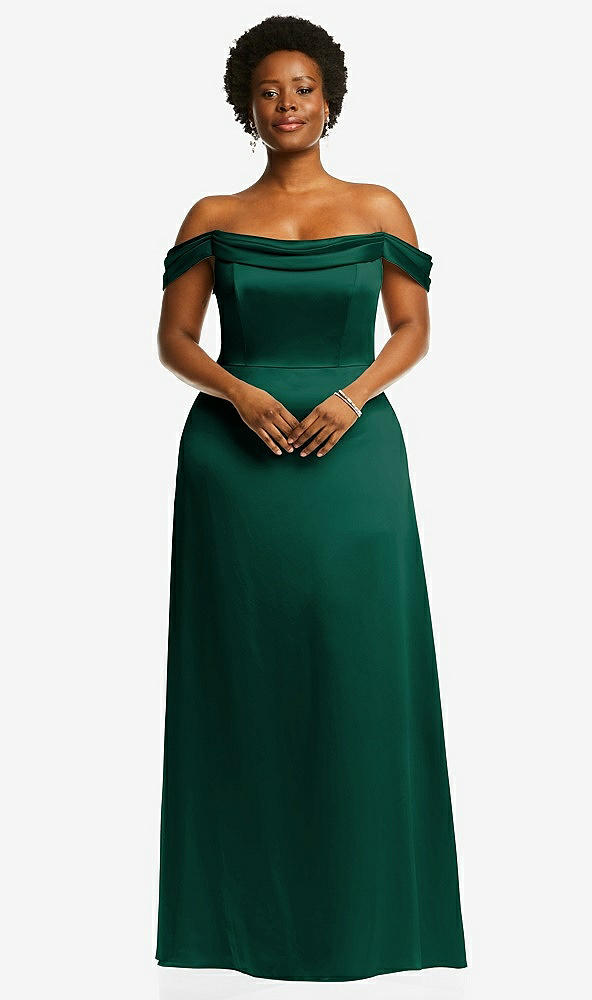Front View - Hunter Green Draped Pleat Off-the-Shoulder Maxi Dress