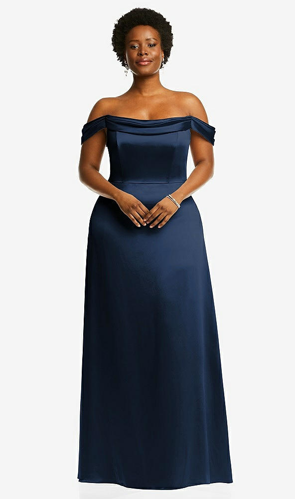 Front View - Midnight Navy Draped Pleat Off-the-Shoulder Maxi Dress