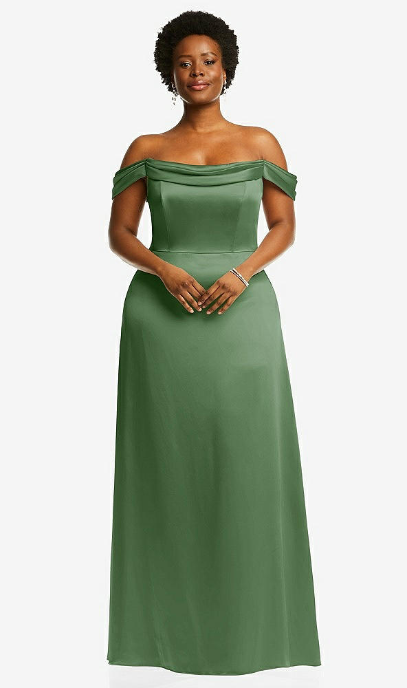 Front View - Vineyard Green Draped Pleat Off-the-Shoulder Maxi Dress