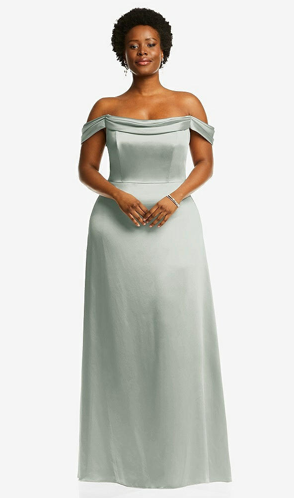 Front View - Willow Green Draped Pleat Off-the-Shoulder Maxi Dress