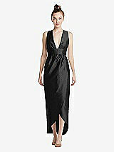 Front View Thumbnail - Black Plunging Neckline Shirred Tulip Skirt Midi Dress