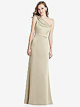 Front View Thumbnail - Champagne Shirred One-Shoulder Satin Trumpet Dress - Maddie