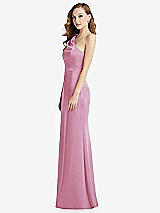 Side View Thumbnail - Powder Pink Shirred One-Shoulder Satin Trumpet Dress - Maddie
