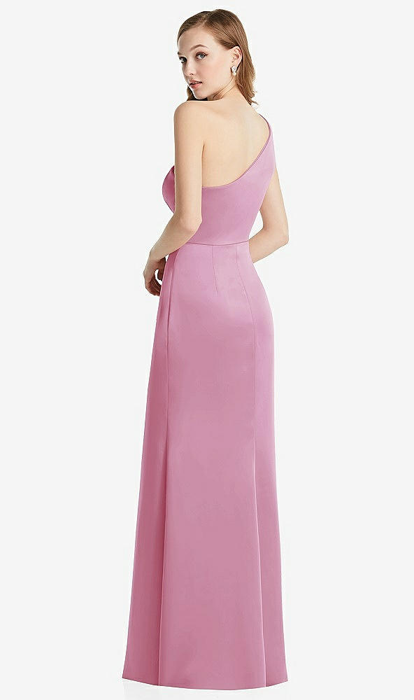 Back View - Powder Pink Shirred One-Shoulder Satin Trumpet Dress - Maddie