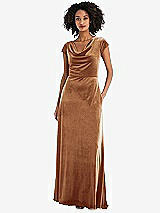 Front View Thumbnail - Golden Almond Cowl-Neck Cap Sleeve Velvet Maxi Dress with Pockets