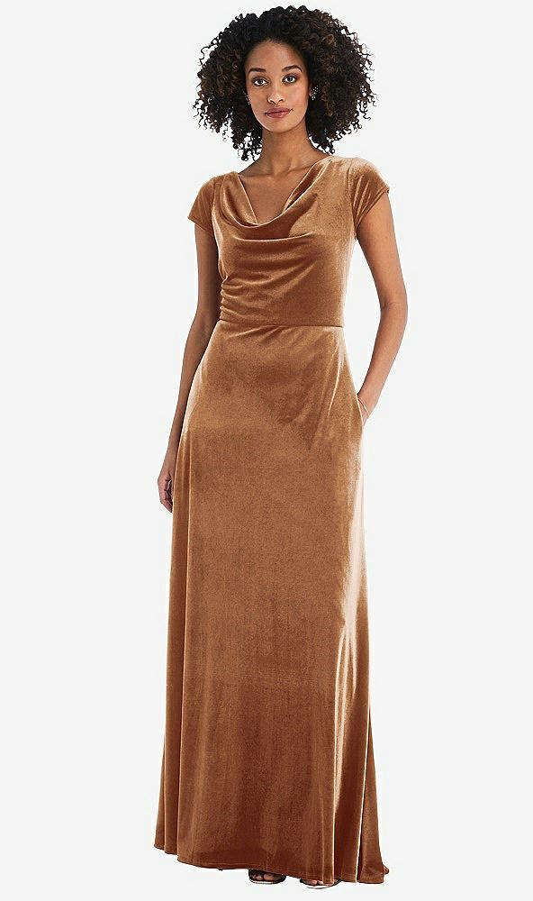 Front View - Golden Almond Cowl-Neck Cap Sleeve Velvet Maxi Dress with Pockets