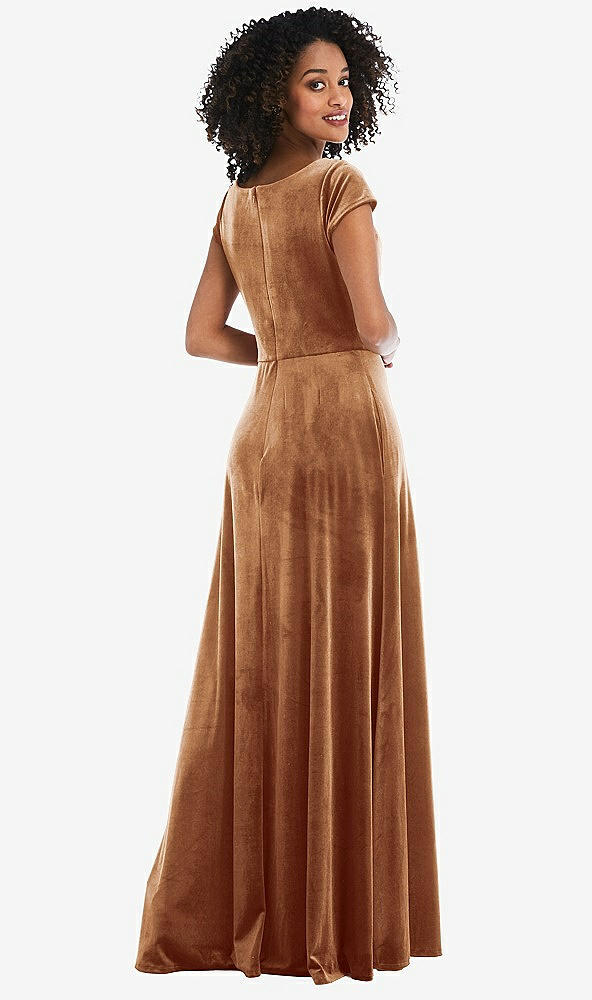 Back View - Golden Almond Cowl-Neck Cap Sleeve Velvet Maxi Dress with Pockets