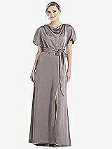 Side View Thumbnail - Cashmere Gray Cowl-Neck Kimono Sleeve Maxi Dress with Bowed Sash