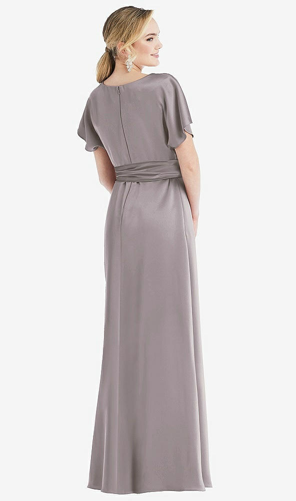 Back View - Cashmere Gray Cowl-Neck Kimono Sleeve Maxi Dress with Bowed Sash