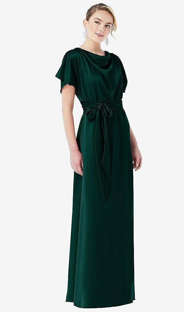 Front View - Evergreen Cowl-Neck Kimono Sleeve Maxi Dress with Bowed Sash