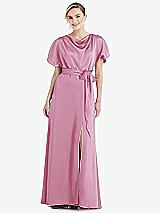 Side View Thumbnail - Powder Pink Cowl-Neck Kimono Sleeve Maxi Dress with Bowed Sash