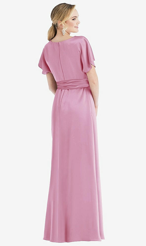 Back View - Powder Pink Cowl-Neck Kimono Sleeve Maxi Dress with Bowed Sash