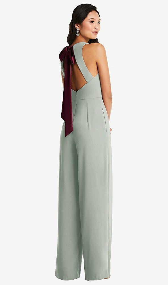 Front View - Willow Green & Cabernet Cutout Open-Back Halter Jumpsuit with Scarf Tie