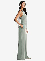 Side View Thumbnail - Willow Green & Cabernet Cutout Open-Back Halter Jumpsuit with Scarf Tie