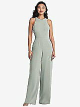 Rear View Thumbnail - Willow Green & Cabernet Cutout Open-Back Halter Jumpsuit with Scarf Tie