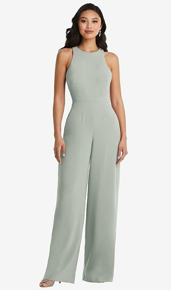 Back View - Willow Green & Cabernet Cutout Open-Back Halter Jumpsuit with Scarf Tie