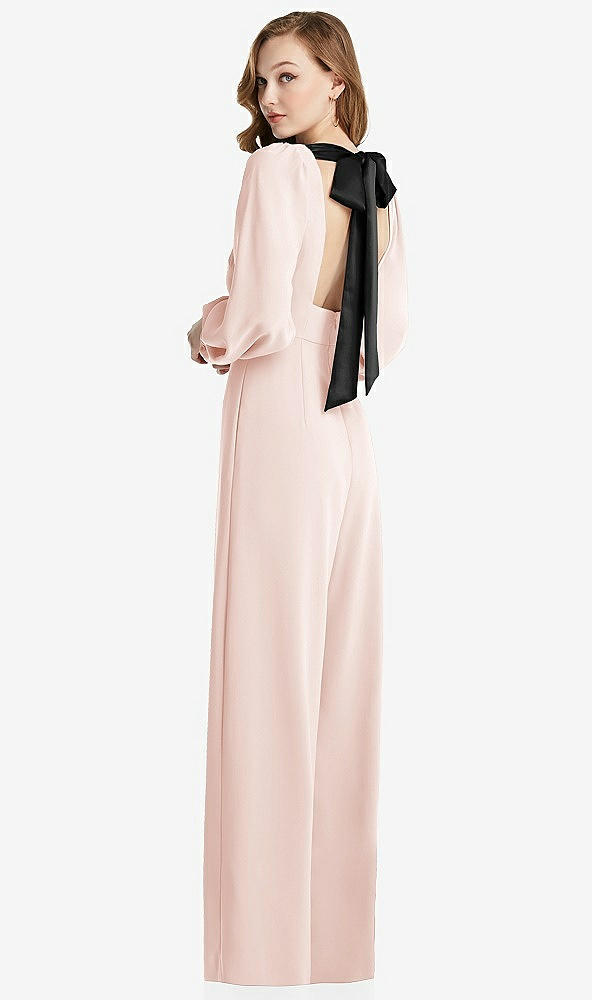 Front View - Blush & Black Bishop Sleeve Open-Back Jumpsuit with Scarf Tie