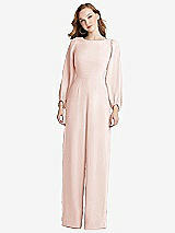 Rear View Thumbnail - Blush & Black Bishop Sleeve Open-Back Jumpsuit with Scarf Tie