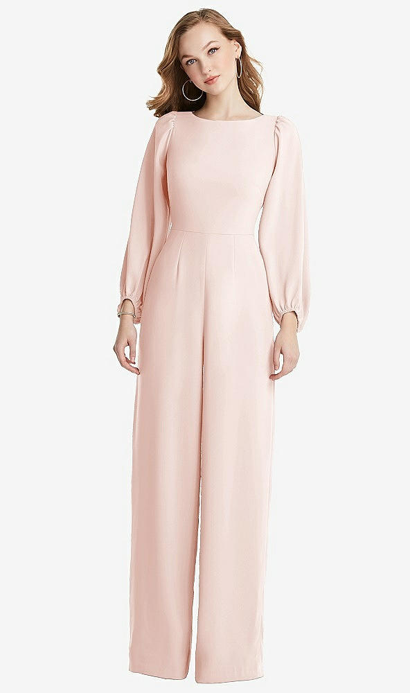 Back View - Blush & Black Bishop Sleeve Open-Back Jumpsuit with Scarf Tie