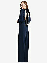 Front View Thumbnail - Midnight Navy & Black Bishop Sleeve Open-Back Jumpsuit with Scarf Tie