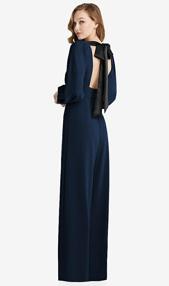 Front View - Midnight Navy & Black Bishop Sleeve Open-Back Jumpsuit with Scarf Tie