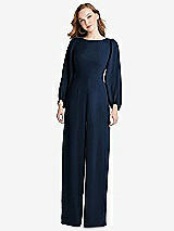 Rear View Thumbnail - Midnight Navy & Black Bishop Sleeve Open-Back Jumpsuit with Scarf Tie