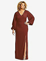 Front View Thumbnail - Auburn Moon Long Puff Sleeve V-Neck Trumpet Gown